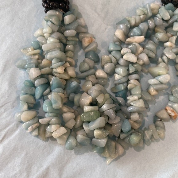 734) Turquoise Chip Bead Choker Style Necklace Multi Strand Black Cord Sides - Picture 5 of 5